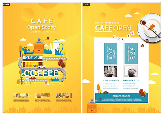 템플릿 ZIP 커피 음료 리플렛 주전자 사람없음 노란색 카페 원두 오픈 오브젝트 전단템플릿 전단 쿠폰 그라인더 인디자인 INDD 이미지템플릿 컬러 주방용품 상점 홍보물 커피용품 파일형식