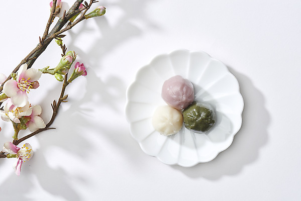 포토 JPG 스튜디오촬영 그릇 접시 디저트 실내 사람없음 하이앵글 세개 오브젝트 흰배경 꽃가지 플랫레이 꿀떡 국내포토 식기 꽃 음식 뷰포인트 백그라운드 떡 3 내부 흰색 나뭇가지 플랫 파일형식