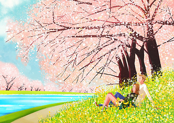 PSD 나무 커플 여자 남자 일러스트 따뜻함 사람 두명 강 봄 벚꽃 유채 국내일러스트 식물 계절 꽃 관계 파일형식