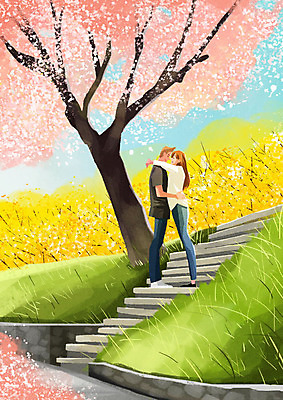 PSD 나무 커플 여자 남자 일러스트 포옹 따뜻함 사람 두명 계단 봄 벚꽃 개나리 국내일러스트 식물 계절 꽃 관계 안기 파일형식