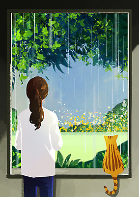 PSD 한마리 여자 일러스트 창문 따뜻함 한명 사람 고양이 봄 봄비 반려 여자한명만 국내일러스트 1 계절 포유류 반려동물 비_날씨 여자만 파일형식