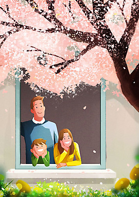 PSD 여자 남자 꽃 아들 일러스트 창문 가족 엄마 주택 따뜻함 사람 세명 봄 벚꽃 아빠 국내일러스트 식물 계절 관계 건물 파일형식