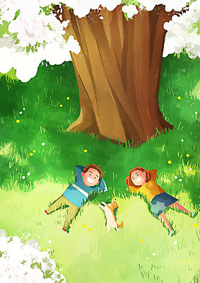 PSD 나무 한마리 여자 남자 꽃 어린이 일러스트 따뜻함 사람 초원 두명 눕기 봄 강아지 목련 반려 국내일러스트 식물 1 계절 모션 반려동물 개 파일형식