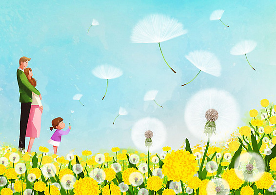 PSD 여자 남자 딸 일러스트 가족 엄마 따뜻함 사람 세명 봄 아빠 민들레 불기 민들레홀씨 국내일러스트 계절 꽃 관계 모션 파일형식