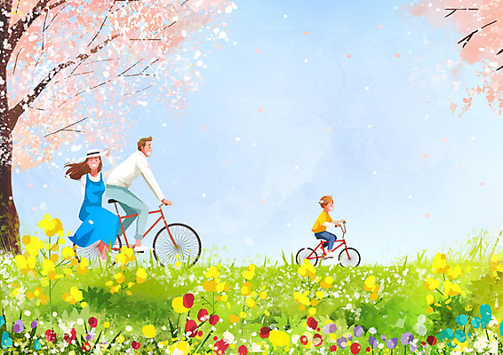 PSD 여자 남자 꽃 아들 일러스트 가족 엄마 따뜻함 사람 세명 자전거 봄 벚꽃 아빠 국내일러스트 식물 계절 관계 바이크 파일형식