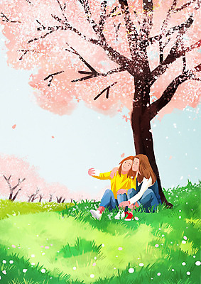 PSD 커플 여자 일러스트 따뜻함 사람 초원 두명 친구 봄 벚꽃 셀프카메라 여자만 국내일러스트 계절 꽃 관계 사진촬영 파일형식