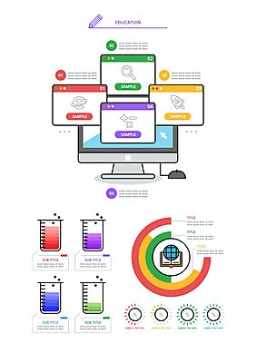 교육 일러스트 그래프 사람없음 컴퓨터 세트 컬러풀 마우스 원형 비커 엘리먼트 웹브라우저 웹엘리먼트 국내일러스트 AI파일 도형 컬러 실험기구 전자제품 컴퓨터용품 파일형식 벡터