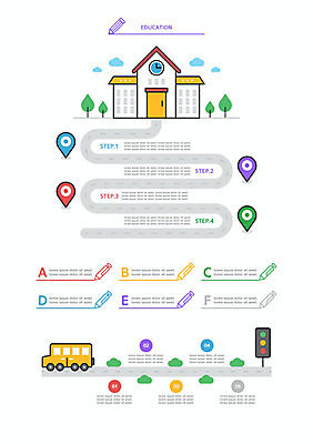 나무 교육 도로 길 일러스트 학교 사람없음 세트 컬러풀 연필 신호등 스쿨버스 위치 엘리먼트 웹엘리먼트 국내일러스트 AI파일 식물 컬러 교통시설 학용품 버스 필기구 파일형식 벡터