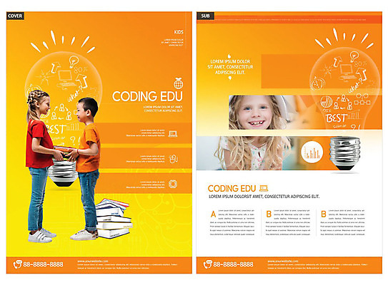 서양인 외국인 템플릿 여자 교육 남자 ZIP 어린이 전구 사람 동양인 10대 세명 주황색 전단템플릿 전단 컴퓨터교육 어린이만 인디자인 INDD 코딩 이미지템플릿 컬러 청소년 인종 홍보물 파일형식