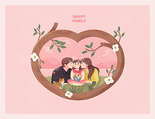 나무 식물 여자 남자 꽃 딸 어린이 분홍색 일러스트 가족 상상 엄마 키스 프레임 사랑 사람 성인 세명 고양이 하트 아빠 국내일러스트 AI파일 모양 감정 컬러 포유류 관계 반려동물 애정표현 파일형식 벡터