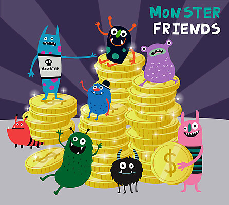 캐릭터 돈 일러스트 상상 앉기 사람없음 달러 동전 요괴 몬스터 국내일러스트 일러캐릭터 AI파일 모션 재산 파일형식 벡터