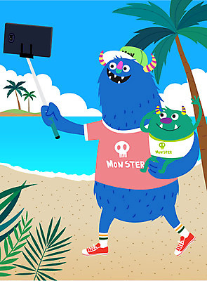 캐릭터 바다 여행 일러스트 상상 사람없음 스마트폰 사진촬영 셀프카메라 요괴 몬스터 셀카봉 국내일러스트 일러캐릭터 AI파일 핸드폰 스마트기기 촬영 파일형식 벡터