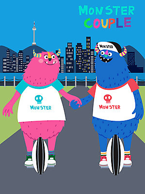 캐릭터 커플 데이트 일러스트 상상 사람없음 한강 요괴 몬스터 전동스쿠터 모빌리티 국내일러스트 일러캐릭터 AI파일 교통수단 관계 서울 스쿠터 랜드마크 파일형식 벡터