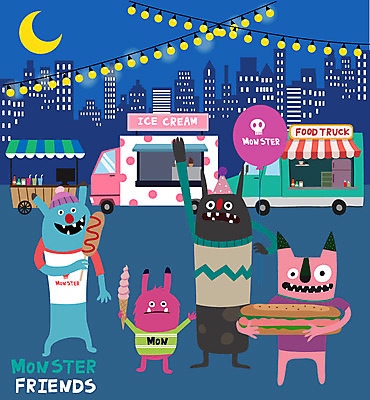 캐릭터 일러스트 상상 자동차 아이스크림 사람없음 트럭 야간 핫도그 요괴 몬스터 야시장 푸드트럭 국내일러스트 일러캐릭터 AI파일 자연요소 음식 육상교통 디저트 패스트푸드 시장 파일형식 벡터