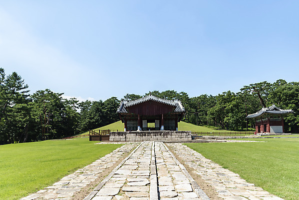 포토 JPG 주간 한국전통 여행 유적지 하늘 풍경 사람없음 야외 여름 관광지 세계문화유산 문화재 역사 한국사 조선시대 어로 왕릉 정자각 조선왕릉 동구릉 수릉 문조익황제 신정왕후 합장릉 국내포토 구리시 자연요소 전통 계절 고건축 한국 경기도 세자 파일형식 왕후 구리_지역 향어로