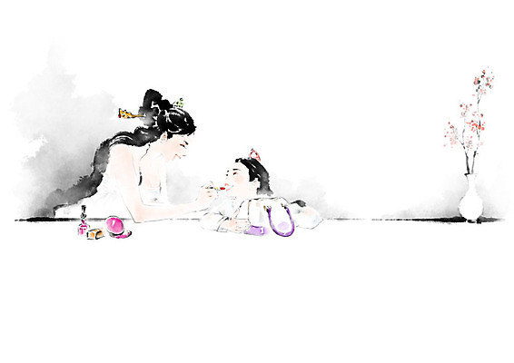 PSD 여자 딸 가방 일러스트 장신구 캘리그라피 모녀 엄마 붓터치 사람 두명 화장 꽃병 화장품 립스틱 한복 번짐 비녀 민화 여자만 국내일러스트 한국전통 잡화 꽃 가족 전통소품 뷰티 전통의상 그림 파일형식 효과 헤어액세사리