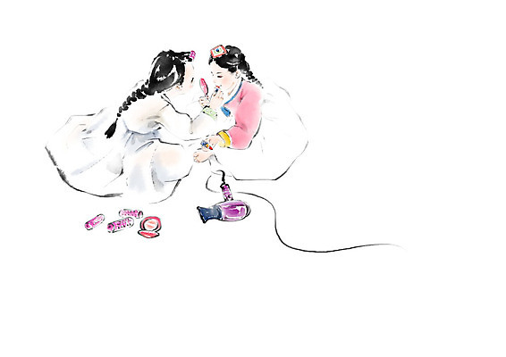 PSD 여자 어린이 일러스트 캘리그라피 붓터치 사람 소녀 두명 친구 화장 화장품 도구 한복 드라이어 번짐 헤어롤 민화 소녀만 국내일러스트 한국전통 관계 뷰티 미용용품 전통의상 그림 여자만 어린이만 파일형식 효과