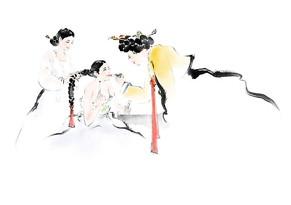 PSD 여자 일러스트 캘리그라피 붓터치 사람 세명 친구 화장 화장품 립스틱 한복 번짐 손질 민화 여자만 국내일러스트 한국전통 관계 뷰티 전통의상 그림 파일형식 효과