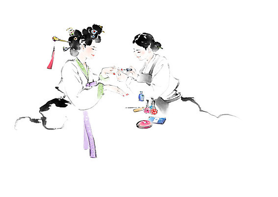 PSD 손 여자 일러스트 캘리그라피 붓터치 사람 두명 화장 앞치마 화장품 한복 손톱관리 네일아트 손톱 매니큐어 번짐 민화 여자만 국내일러스트 한국전통 신체부위 뷰티 전통의상 그림 파일형식 효과