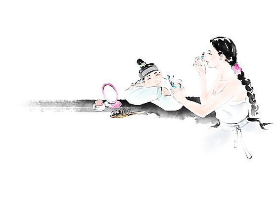 PSD 부부 커플 응시 여자 남자 일러스트 캘리그라피 남편 붓터치 사람 화장 화장품 거울 아내 한복 번짐 파우더 민화 브러쉬빗 국내일러스트 한국전통 시선 관계 뷰티 전통의상 그림 파일형식 효과