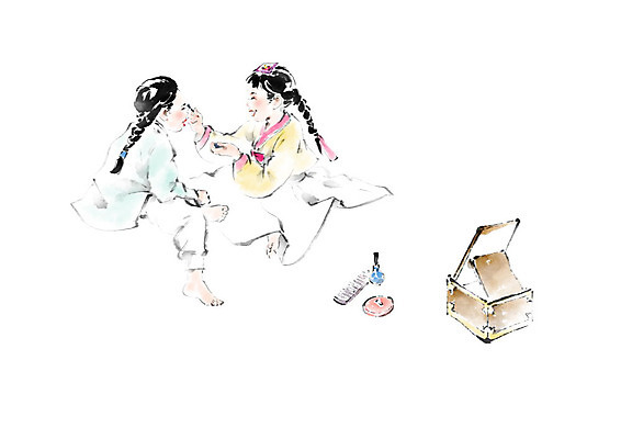 PSD 여자 남자 일러스트 캘리그라피 붓터치 남매 사람 화장 화장품 거울 한복 번짐 남동생 누나 민화 아이라인 국내일러스트 한국전통 가족 뷰티 전통의상 그림 동생 파일형식 효과