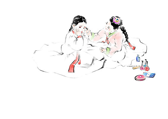 PSD 여자 일러스트 캘리그라피 붓터치 사람 화장 화장품 한복 번짐 민화 국내일러스트 한국전통 뷰티 전통의상 그림 파일형식 효과