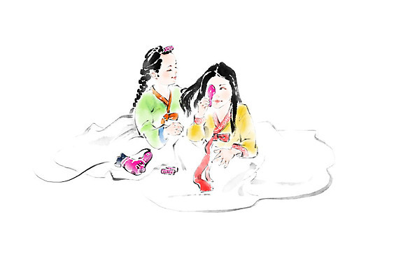 PSD 여자 일러스트 캘리그라피 붓터치 사람 소녀 두명 화장 화장품 거울 한복 드라이어 손거울 번짐 민화 소녀만 국내일러스트 한국전통 어린이 뷰티 미용용품 전통의상 그림 여자만 어린이만 파일형식 효과