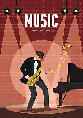 전신 남자 꽃 악기 음악 포즈 연주 일러스트 문화예술 조명 한명 사람 갈색 피아노 색소폰 남자한명만 국내일러스트 AI파일 식물 1 컬러 건반악기 목관악기 남자만 파일형식 벡터