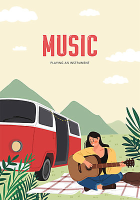 전신 여자 악기 음악 포즈 연주 일러스트 문화예술 나뭇잎 한명 사람 컬러풀 기타 돗자리 캠핑카 여자한명만 국내일러스트 AI파일 1 컬러 잎 자동차 현악기 여자만 파일형식 벡터