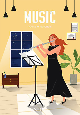 전신 식물 여자 악기 음악 포즈 연주 일러스트 문화예술 조명 한명 사람 노란색 보면대 플루트 악보 여자한명만 국내일러스트 AI파일 1 컬러 관악기 여자만 파일형식 벡터