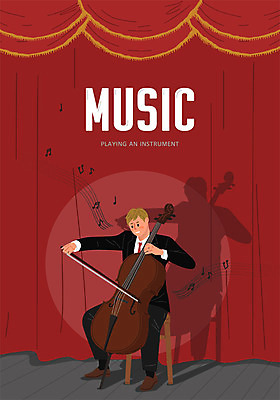 전신 남자 악기 음악 포즈 연주 음표 일러스트 문화예술 한명 사람 빨간색 무대 첼로 남자한명만 국내일러스트 AI파일 1 기호 컬러 남자만 파일형식 벡터 찰현악기