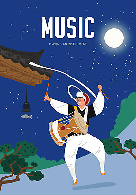 전신 한국전통 남자 악기 음악 포즈 연주 일러스트 문화예술 한옥 한명 사람 파란색 달 소나무 사물놀이 장구 남자한명만 국내일러스트 AI파일 자연요소 나무 1 전통 컬러 고건축 타악기 한국 국악기 전통놀이 전통공연 남자만 파일형식 벡터