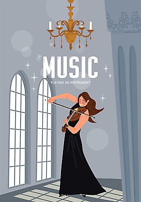 전신 여자 악기 음악 포즈 연주 일러스트 창문 문화예술 한명 사람 회색 바이올린 샹들리에 여자한명만 국내일러스트 AI파일 1 컬러 현악기 조명 여자만 파일형식 벡터
