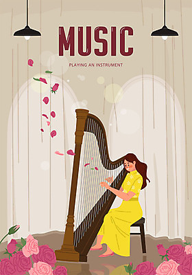 전신 여자 꽃 악기 음악 분홍색 포즈 연주 일러스트 문화예술 조명 한명 사람 하프 여자한명만 국내일러스트 AI파일 식물 1 컬러 현악기 여자만 파일형식 벡터