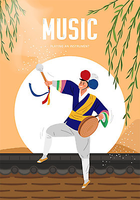 전신 한국전통 남자 악기 음악 포즈 연주 일러스트 문화예술 한명 사람 담장 주황색 사물놀이 버드나무 징 남자한명만 국내일러스트 AI파일 나무 1 전통 컬러 타악기 한국 국악기 전통놀이 전통공연 남자만 파일형식 벡터