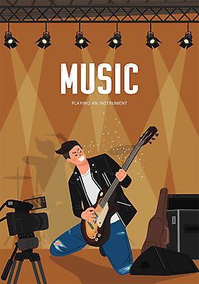 전신 남자 악기 음악 포즈 연주 일러스트 문화예술 한명 사람 갈색 카메라 무대 기타 일렉기타 남자한명만 국내일러스트 AI파일 1 컬러 현악기 전자제품 남자만 파일형식 벡터