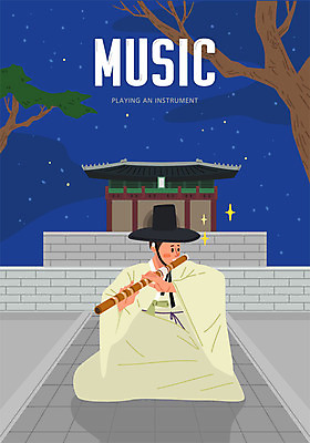 전신 한국전통 남자 악기 음악 포즈 연주 일러스트 문화예술 한옥 한명 사람 파란색 소나무 야간 한복 대금 남자한명만 국내일러스트 AI파일 자연요소 나무 1 전통 컬러 고건축 한국 국악기 전통의상 목관악기 남자만 파일형식 벡터