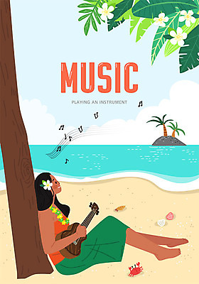 전신 나무 여자 악기 음악 바다 섬 포즈 연주 일러스트 문화예술 한명 사람 앉기 모래사장 컬러풀 우쿨렐레 여자한명만 국내일러스트 AI파일 식물 1 컬러 모션 현악기 여자만 파일형식 벡터