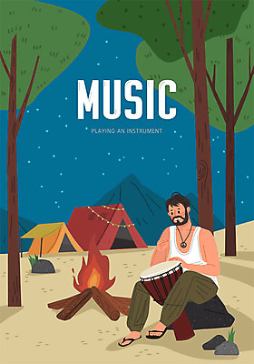 전신 나무 남자 악기 음악 포즈 연주 일러스트 문화예술 텐트 한명 사람 파란색 모닥불 젬베 남자한명만 국내일러스트 AI파일 식물 1 컬러 불 캠핑도구 남자만 파일형식 벡터