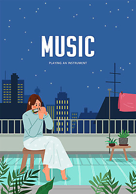 전신 여자 악기 음악 포즈 연주 야경 일러스트 문화예술 한명 사람 파란색 옥상 돗자리 하모니카 여자한명만 국내일러스트 AI파일 1 컬러 관악기 야간 여자만 파일형식 벡터 풍경_경치