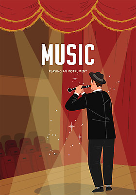 전신 남자 악기 음악 포즈 연주 일러스트 문화예술 조명 한명 사람 빨간색 무대 클라리넷 객석 남자한명만 국내일러스트 AI파일 1 컬러 목관악기 남자만 파일형식 벡터