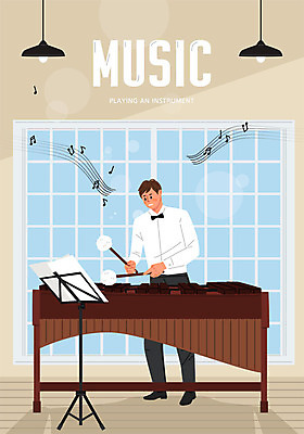 전신 남자 악기 음악 포즈 하늘색 연주 일러스트 창문 문화예술 조명 한명 사람 악보 마림바 남자한명만 국내일러스트 AI파일 1 타악기 파란색 남자만 파일형식 벡터