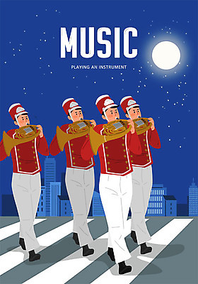 전신 남자 악기 음악 포즈 연주 일러스트 문화예술 사람 여러명 파란색 달 횡단보도 호른 행진 남자만 국내일러스트 AI파일 자연요소 컬러 다수 모션 보행로 금관악기 파일형식 벡터