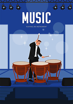 전신 남자 악기 음악 포즈 연주 일러스트 문화예술 조명 한명 사람 파란색 스크린 무대 팀파니 남자한명만 국내일러스트 AI파일 1 컬러 타악기 남자만 파일형식 벡터