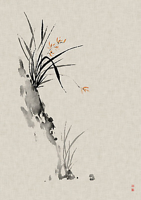 PSD 전통 꽃 잎 일러스트 캘리그라피 붓터치 흑백 사람없음 바위 난초 먹 동양화 한지 번짐 낙관 사군자 국내일러스트 식물 종이 서예 촬영기법 미술 돌_바위 파일형식 효과