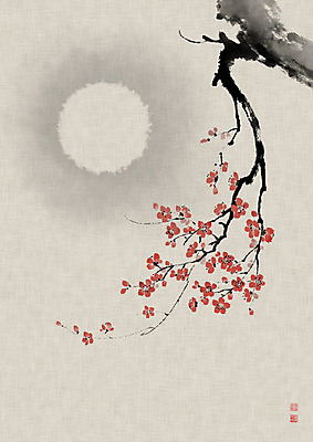 PSD 전통 일러스트 캘리그라피 붓터치 흑백 사람없음 주황색 달 나뭇가지 먹 동양화 한지 매화 번짐 낙관 사군자 국내일러스트 자연요소 나무 꽃 종이 컬러 서예 촬영기법 미술 파일형식 효과