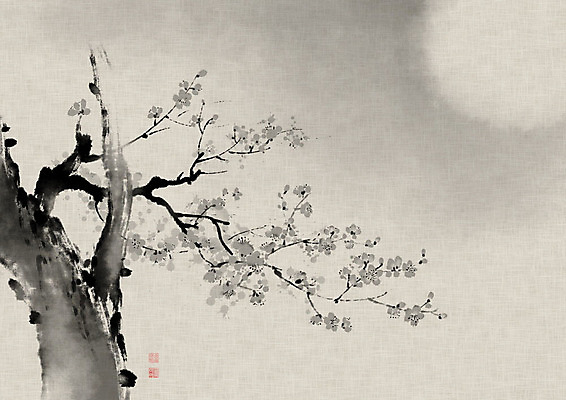 PSD 전통 일러스트 캘리그라피 붓터치 흑백 사람없음 달 나뭇가지 먹 동양화 한지 매화 번짐 낙관 사군자 국내일러스트 자연요소 나무 꽃 종이 서예 촬영기법 미술 파일형식 효과