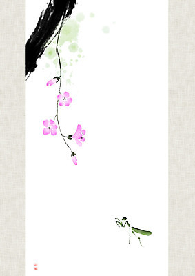 PSD 전통 줄기 곤충 일러스트 캘리그라피 붓터치 흑백 사람없음 먹 동양화 한지 번짐 나팔꽃 낙관 사마귀 국내일러스트 식물 동물 꽃 종이 서예 촬영기법 미술 파일형식 효과