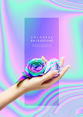 PSD 편집이미지 손 꽃 그래픽백그라운드 한손 들기 신체부위 그래픽 컬러풀 장미 홀로그램 카피스페이스 이미지편집 식물 컬러 백그라운드 모션 사람 공백 파일형식
