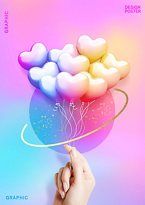 PSD 편집이미지 손 그래픽백그라운드 한손 들기 신체부위 그래픽 컬러풀 원형 하트풍선 풍선 홀로그램 카피스페이스 이미지편집 도형 컬러 백그라운드 모션 사람 공백 하트 파일형식